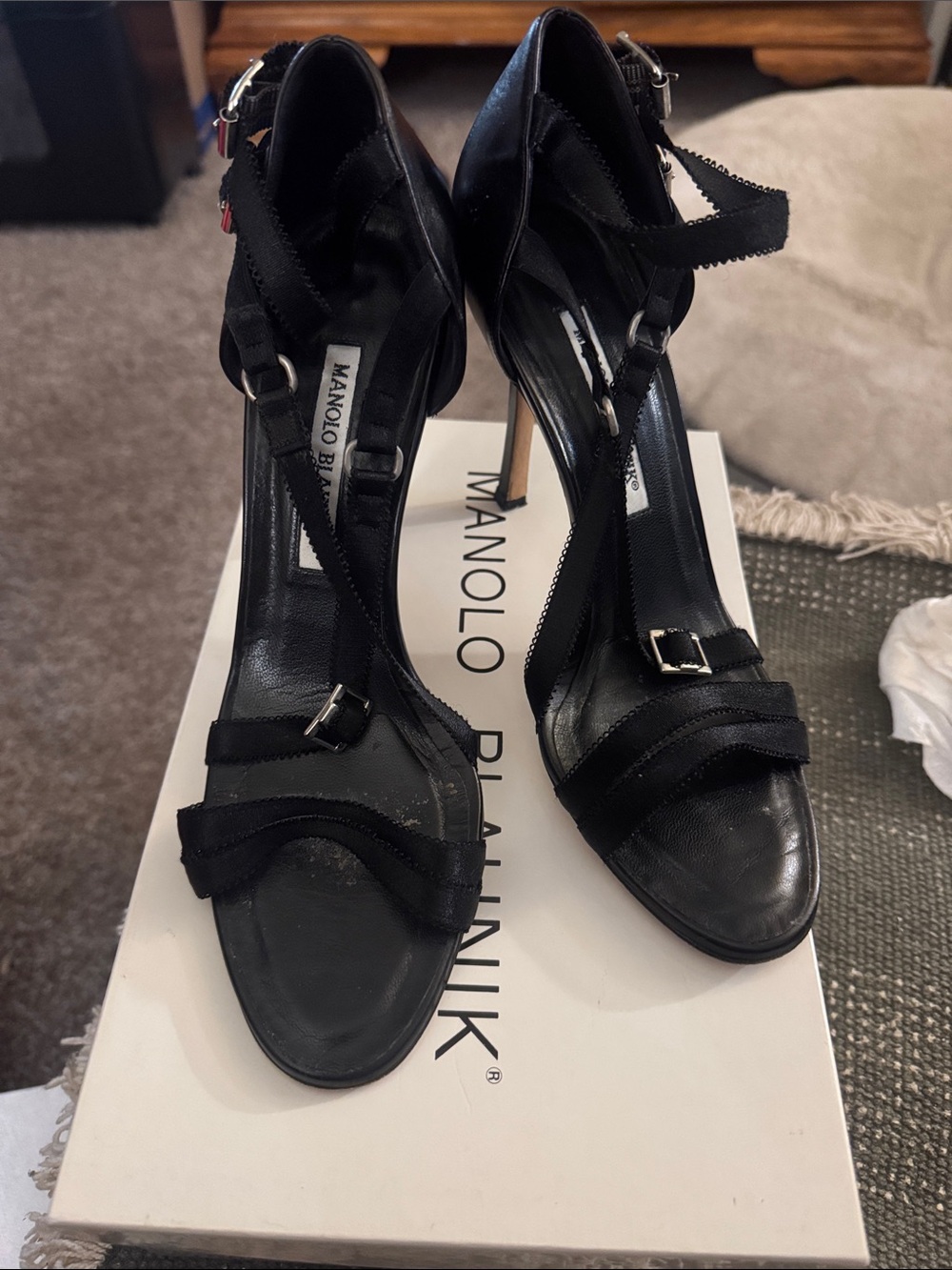 Manolo Blahnik Black Leather Stilettos with Satin Straps
